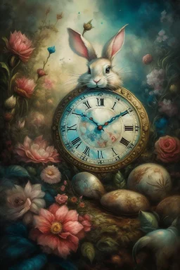 The fairy tale "Alice in Wonderland", a rabbit with a clock hurries among the bushes of vintage roses Oil on silk, work of art, hyperdetalization, professionally, filigree, misty haze,surrealism, transparent, delicate pastel tones, backlight, grunge style, three-dimensional watercolor, aesthetically pleasing, beautiful, realistic, high resolution, high detail, ISO 100 photosensitivity and aperture f/2.8, 1/250 with a 30 mm lens, 32 KB