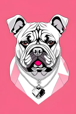 plain pink background with a bulldog cartoon with a diamond necklace