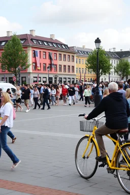 en dag på vällingby torg, en massa folk och en gul cykel