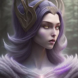 Closeup of a young wizard dark elf in a misty forest, lavender colored eyes, 4k, Highly Detailed, Masterpiece, Pretty but evil Face, perfect eyes, Digital Illustration, Cinematic Lighting, Realistic, Sharp Focus, Centered, Beautifully Lit, Bioluminescent by Stanley Artgerm Lau