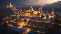 an indian city sprawling across a plain. royal palace. seen from a hill top. marble, blue and gold. fantasy. exquisite realism, a masterpiece, dark fantasy concept art, dynamic lighting, hyperdetailed, intricately detailed, deep color, Unreal Engine, volumetric lighting