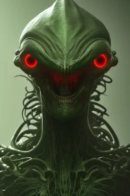 green alien, head, evil, red eyes, big silver teeth, weapons, blood, 8k, finely detailed, photo realistic, HR Giger style