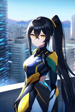 girl, masterpiece, best quality, cinematic lighting, detailed outfit, vibrant colors, perfect eyes, long hair, black hair, golden eyes, ponytail, hair between eyes, outdoors, depth of field, ray tracing, mech outfit, city, landscape,