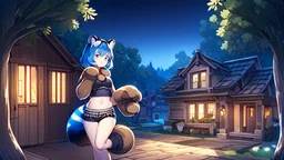 Girl, blue hair raccoon tail, raccoon ears, house, night time, forest, raccoon paws in foot, open navel