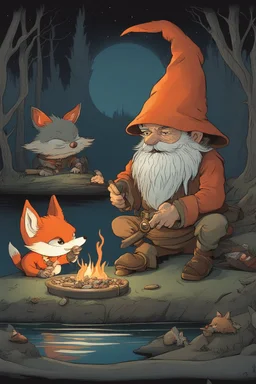 a gnome and a goblin eating in front of a fish fire, figure with fox mask behind in the environment, riverbank, night, moonlight,