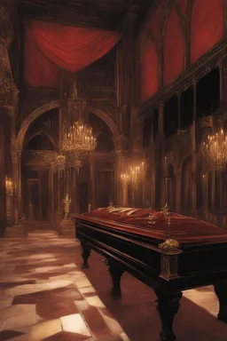 Toomb of the vampire Count Strahd Von Zarovich. Grand room, dark, black coffin made of polished ebony wood and brass.