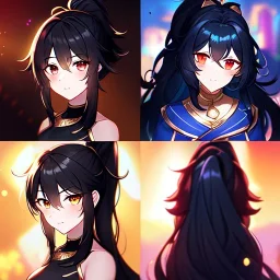 Clear focus, 8k, beautiful lighting, vibrant colors, cat girl, black hair, long hair, vibrant red eye, ponytail, messy hair, gold eye,