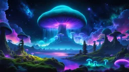 "Space island with bioluminescent mushroom forest, cosmic mycelium web connecting to other islands, nebula background. Studio Ghibli style, 8k, detailed, vibrant, space art."