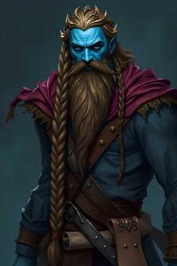 A male Air Genasi from Dungeons and dragons. He is a pirate with a long braided beard, wearing pirate clothes, and blue skin. He is in his mid twenties