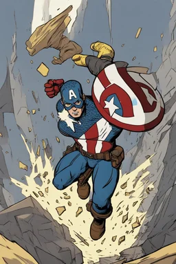 Create a picture of captain america falling from the skye to a pit next to reverse Flash animated like fortnite