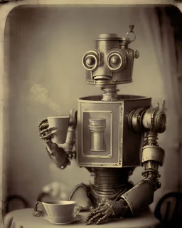 Daguerreotype portrait of a vintage robot drinking tea