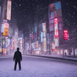 foto tirada por tras de um homem solitário, nas ruas de tokyo, na neve de noite