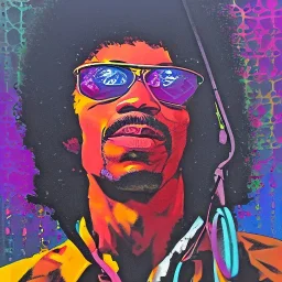 a realistic portrait of Jimi Hendrix at a turntable with headphones on being a DJ, vivid color, with sunglasses