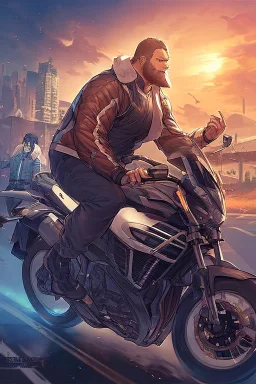 Clean cut asian man in a motorcycle jacket on a strange planet looking at the sunset