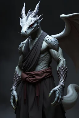 Make a Muscular Dragonborn wearing monk clothes with silver scales and red eyes