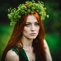 Portrait of a young girl aged 18, long red hair and green eyes