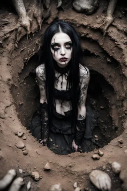 Closeup tall Girl goth with big eyes, fullbody, ragged clothes, behind her mud and rats, extended like roots, the perspective looking up from the bottom of an empty well , 8k,macro photography,