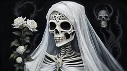 acrylic illustration, acrylic paint,(((The image depicts an undead female-a lich, a monstrous creature consisting of bones and a skeleton, on a black background:1.5))). (((White dress, white dress, white veil:1.5))). (((bride's bouquet:1.5))). (((The character is villainous and monstrous, with soft natural lighting and illumination that create reflections and bright illumination:1.3))). (((The image shows symmetrical large round magic eyes