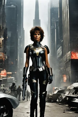 [2000 AD (1977)] The streets of Mega City One were alive with the constant hum of activity, but in the midst of the chaos, a figure stood tall and resolute. Halle Berry, part of the judges' team, commanded attention as she surveyed the sprawling metropolis. The helmet, a symbol of authority and unwavering justice, rested firmly on Berry's head, obscuring her features but amplifying the aura of power that surrounded her. The citizens of Mega City One couldn't help but be drawn to her presence, in