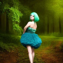 beautiful, girl, magical, blue eyes, short green hair, dressed with ivy, posing, backgound is a dark forest, realistic, high definition, 4k