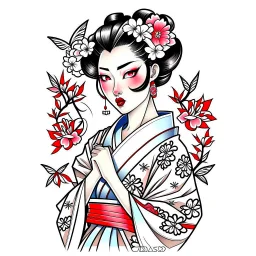 Tatto design Neotraditional style , Geisha with a Cherry Blossom Kimono, white background, tatto style, different angle