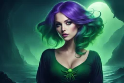 she stands, wears only a green t-shirt, her alluring silhouette and violet hair framing her Scandinavian charm. she exuded a mysterious allure, embodying the essence of the Cthulhu mythos as a dark sorceress from the ocean depths. Her gaze, with huge, adorable eyes, hinted at ancient whispers and untold powers that stirred the imagination of all who beheld her.