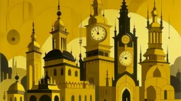 A golden temple with old clocks painted by Lyonel Charles Feininger