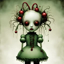 creepy Christmas themed porcelain doll with tubes connected to the back of its head from large vats filled with a greenish or reddish viscous liquids, color ink illustration, horror, surreal, gritty by Chris Friel and Dave McKean