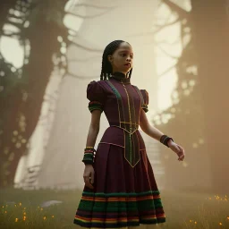 Full body, 3d render,kente scene, Jenna Ortega, Wednesday addams 1800's women style, 1800's hair style, 1800's women clothes style, hyper realistic, octane render, unreal engine 5, 8k, palace background, uhd