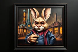 Real Charlie and the Chocolate Factory, in front of the frame, and town major troll mouse rabbit in style of Rembrandt and Fallout 4, with motion blur, all on a painting on wall with black wooden frame and with black wall background