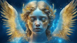 beautiful crying angel, double exposure in fantasy style, blue, gold, sparkles, fine rendering, bright colors, photorealism, 3D