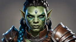 generate a dungeons and dragons character portrait of a female orc. She has green skin, black braided hair and blue eyes. She is wearing brown leather armour.