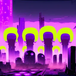 pos-apocalyptic cyberpunk city with destroyed buildings, a plubicity showing the number "2222", illuminated purple neon, dark, high contrast, at distance a gigantic atomic mushroom cloud