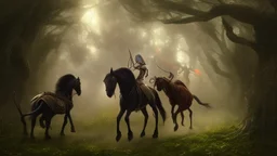 warrior sorcerer leading a black horse on forest path