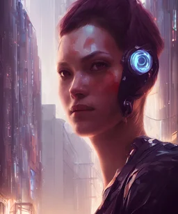 A close up portrait of a cute women in a cyberpunk city by Greg Rutkowski, close up, portrait,
