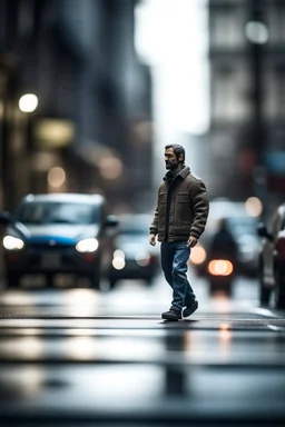 man walking in the streets while stuck in his car ,shot on Hasselblad h6d-400c, zeiss prime lens, bokeh like f/0.8, tilt-shift lens 8k, high detail, smooth render, down-light, unreal engine, prize winning