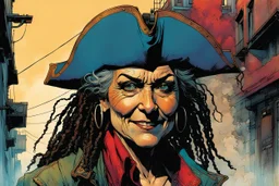 create an imaginative aged female, ornately dressed Turkish pirate with finely detailed facial features, short dreadlock hair, in the backstreets of Istanbul, in the comic book art style of Bill Sienkiewicz, Mike Mignola, and Jean Giraud Moebius, finely textured, drawn, colored, and inked