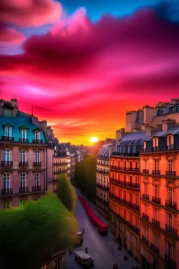 A view of the ancient city of Paris with the cheerful colors of the sky, in the style of post-cosplay school
