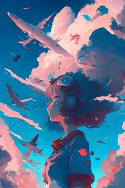 cloud with several airplanes flying around on top, in the style of detailed fantasy art, nightcore, quiet moments captured in paint, radiant clusters, i cant believe how beautiful this is, detailed character design, dark cyan and light crimson –niji 5 –