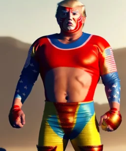 Realistic image of Donald trump wrestler, Mexican wrestling style, Mexican wrestling mask, red and blue breeches, glow us flag dress, suspenders, retro style, 80s, vibrant color, highly detailed, sky background, concept art, unreal engine 5, god rays, ray tracing, RTX, lumen lighting, ultra detail, volumetric lighting, 3d, finely drawn, high definition, high resolution.