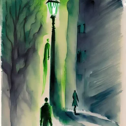 Use contrasting colors and dynamic shapes to depict young adulthood, anxiety, with shadow figure representing hidden dangers, watercolour sketch, using green as contrast, but several colors, only 1 visage, edvard munch, streetlamp,