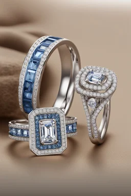 White gold couple rings in the shape containing diamonds blue