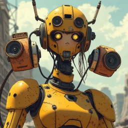 a feminine robot, yellow, post apocalyptic, vintage anime