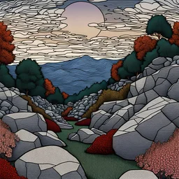 Colourful, peaceful, Egon Schiele, René Magritte, Max Ernst, night sky, rocks, trees, flowers, one-line drawing, sharp focus, 8k, deep 3d field, intricate, ornate