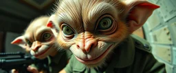 airbrush and pen outline, french art , extreme close up on cheeky fluffy weasel hairy goblin military prison guard news anchor elf family scumbag in the style of Escher and Giger and Fallout 4, pinhole cam, airbrush 3d rendering