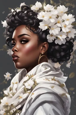 create an urban culture art image of a black curvy female looking to the side with a curly messy bun in a wrapped hair scarf. prominent make up with hazel eyes. 2k Highly detailed hair. Background of white clematis flowers surrounding her