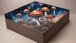 a box 10 cm long by 5 cm wide and 25 cm high, drawn on a box on all sides, butterfly mushrooms nebula, space, tress, planets, realistic