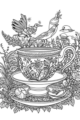 Outline art for coloring page, AVANT GARDE DRAWING TEACUP SET IN A GARDEN, coloring page, white background, Sketch style, only use outline, clean line art, white background, no shadows, no shading, no color, clear