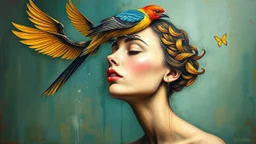 painting of a woman with a bird on her head and a bird on her head, surrealist painting, surrealist artwork, emotional surrealist art, abstract surrealist, a surrealist painting, surrealist art , abstract surrealism, abstract surrealism masterpiece, surreal painting, contemporary surrealism, magically shaped surrealism