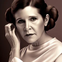 half-length color photo shoot, three-quarter face pose of carrie fisher as Princess Leia with realistic fine and very simple short hair, entrancing deep brown eyes, Intricate, High Detail, Sharp focus, realism, beautiful and detailed lighting, Nikon D850, ef 85mm 5.6 by Annie Leibovitz